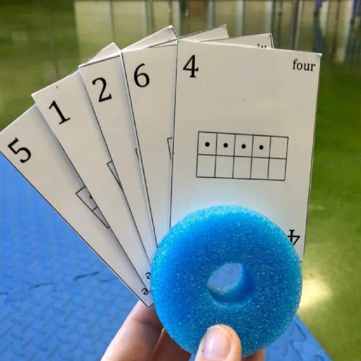 Pool Noodle Activities- blue card holder with 5 cards- Kids Activities Blog