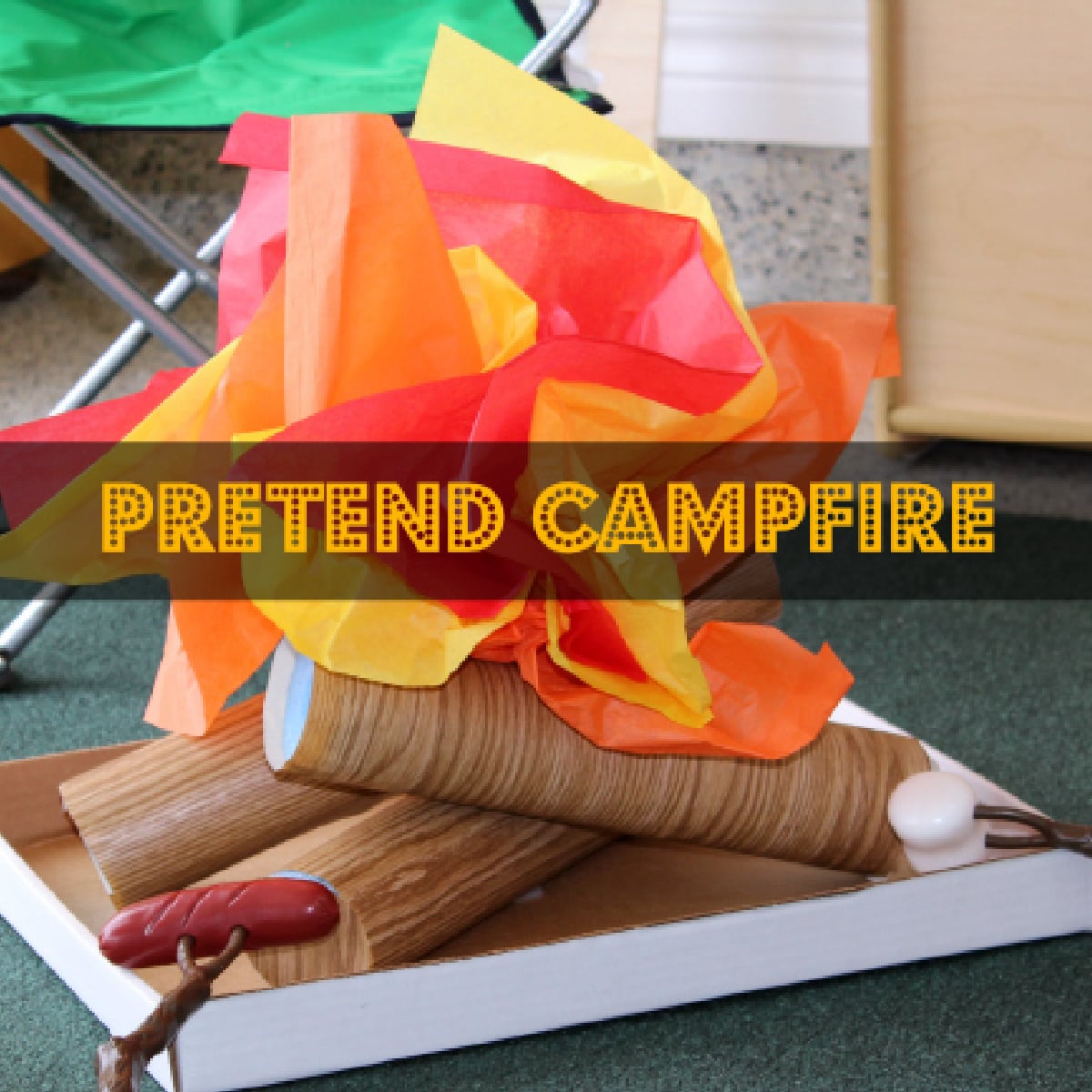 Pool Noodle Activities- pretend campfire with tissue paper flames and toy food - Kids Activities Blog