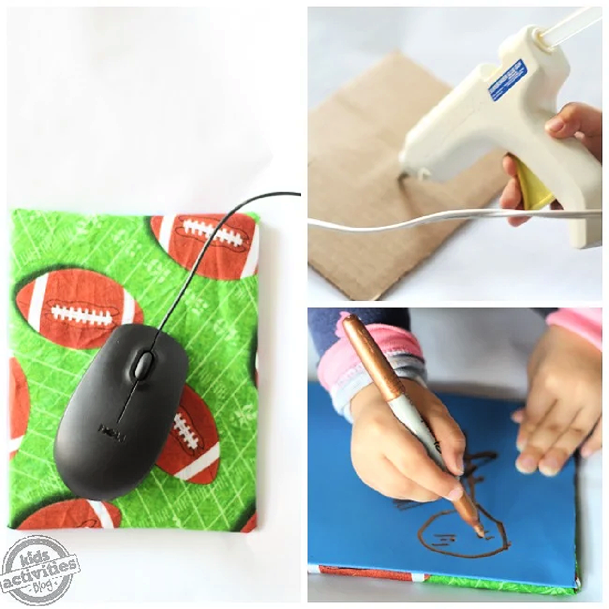 Homemade Mouse Pad- Fathers Day Craft- Steps hot glue, drawing, completed mouse pad-Kids Activities Blog
