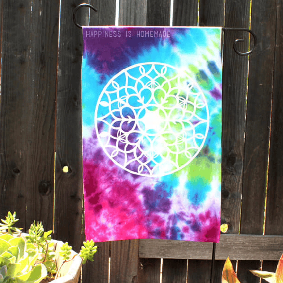 Tie Dye Craft- purple blue white pink and purple garden flag- Kids activities Blog