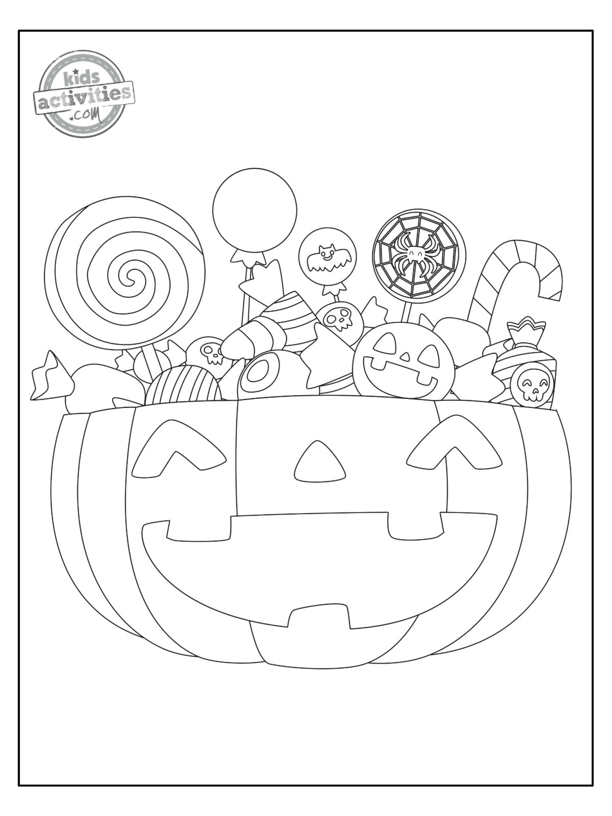 Halloween coloring pages- pumpkin with candies black and white printed pdf - Kids Activities Blog