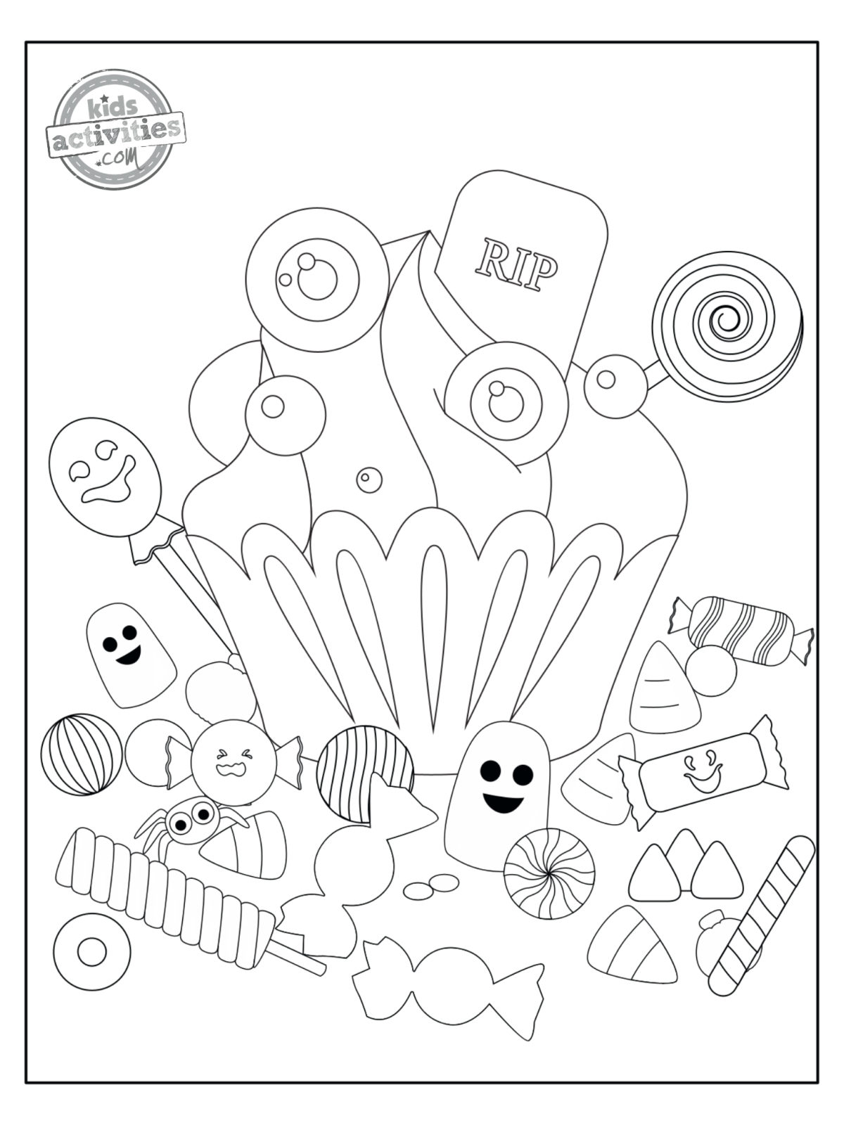 Halloween coloring pages- cupcake with candies black and white printed pdf file - Kids Activities Blog