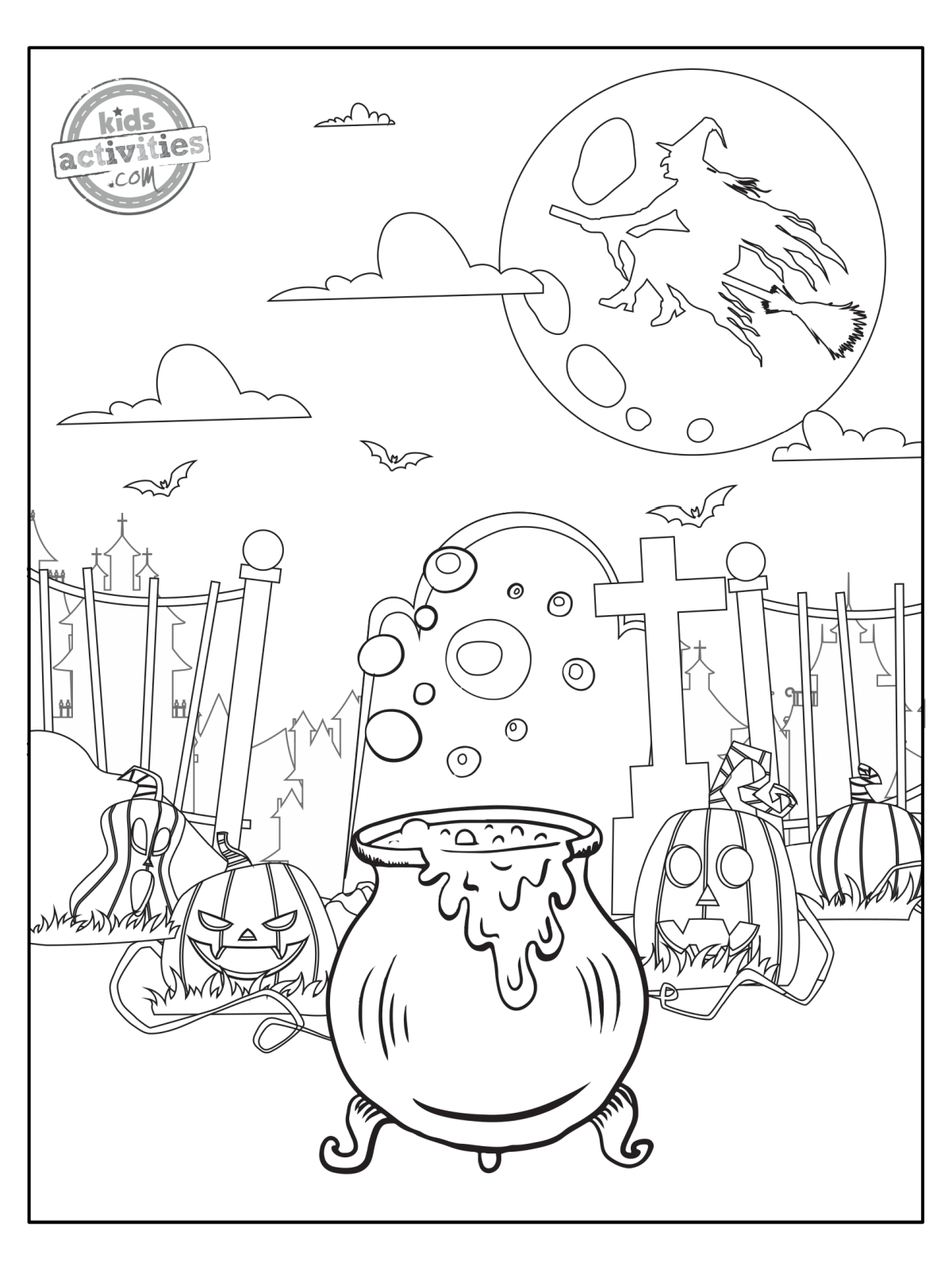 Halloween Coloring Pages- Cauldron with bubbles and other black and white halloween images - Kids Activities Blog