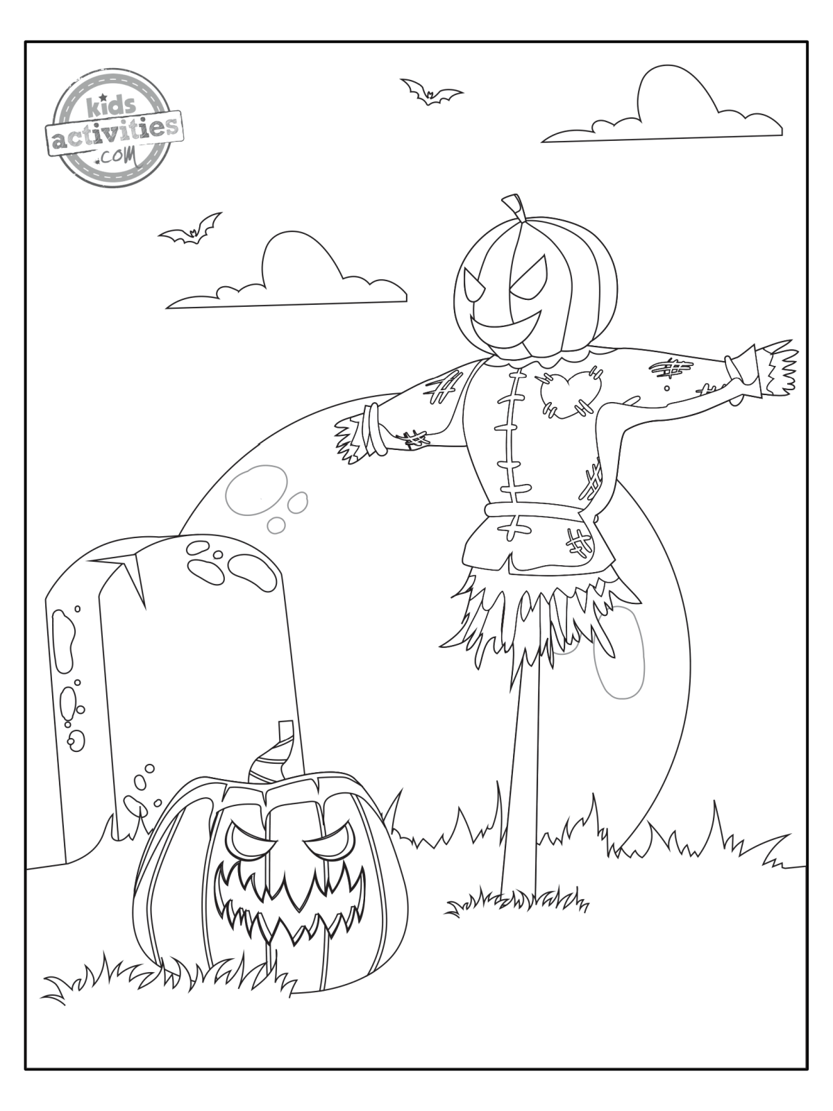 Halloween Coloring Pages- scarecrow and grave with big moon- Kids Activities Blog