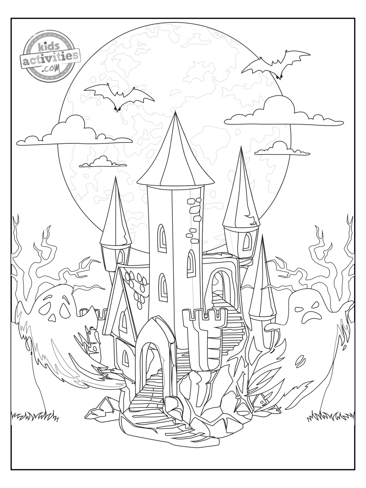 Halloween Coloring Pages- haunted house with bats- Kids Activities Blog