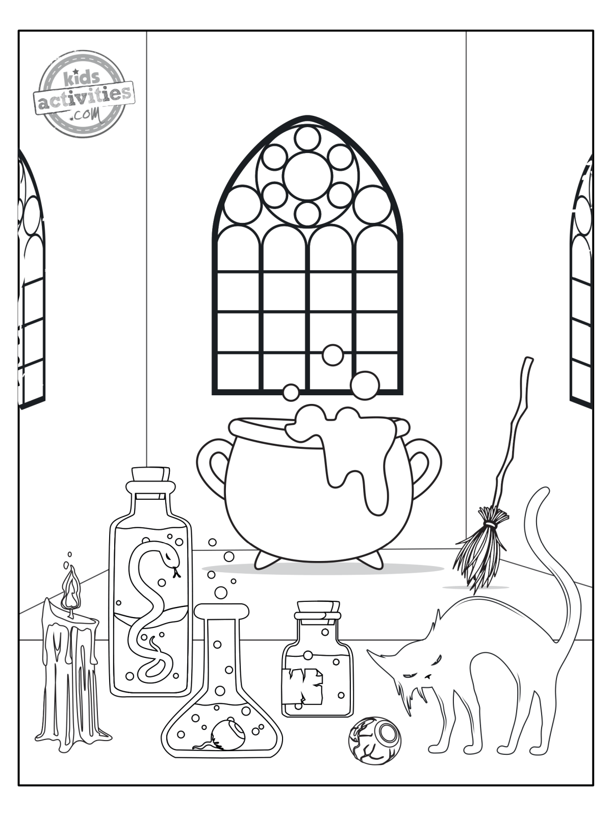Halloween Coloring Pages- spooky lab with potions and cauldron- Kids Activities Blog