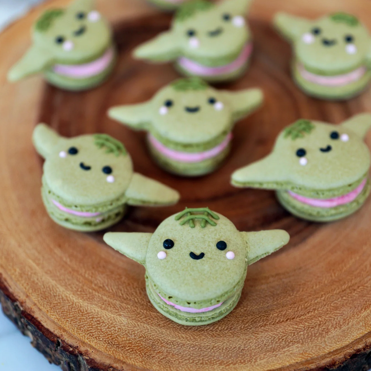 Mandalorian food- macarons to look like baby yoda with pink filling- Kids Activities Blog