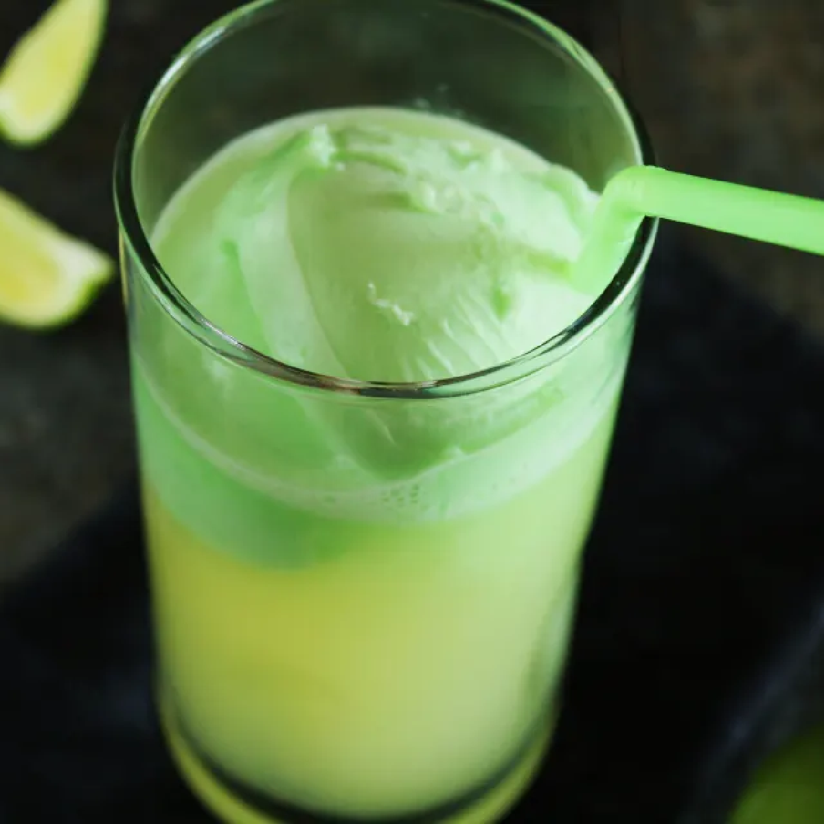 Mandalorian food- green soda in a glass with a straw- Kids Activities Blog