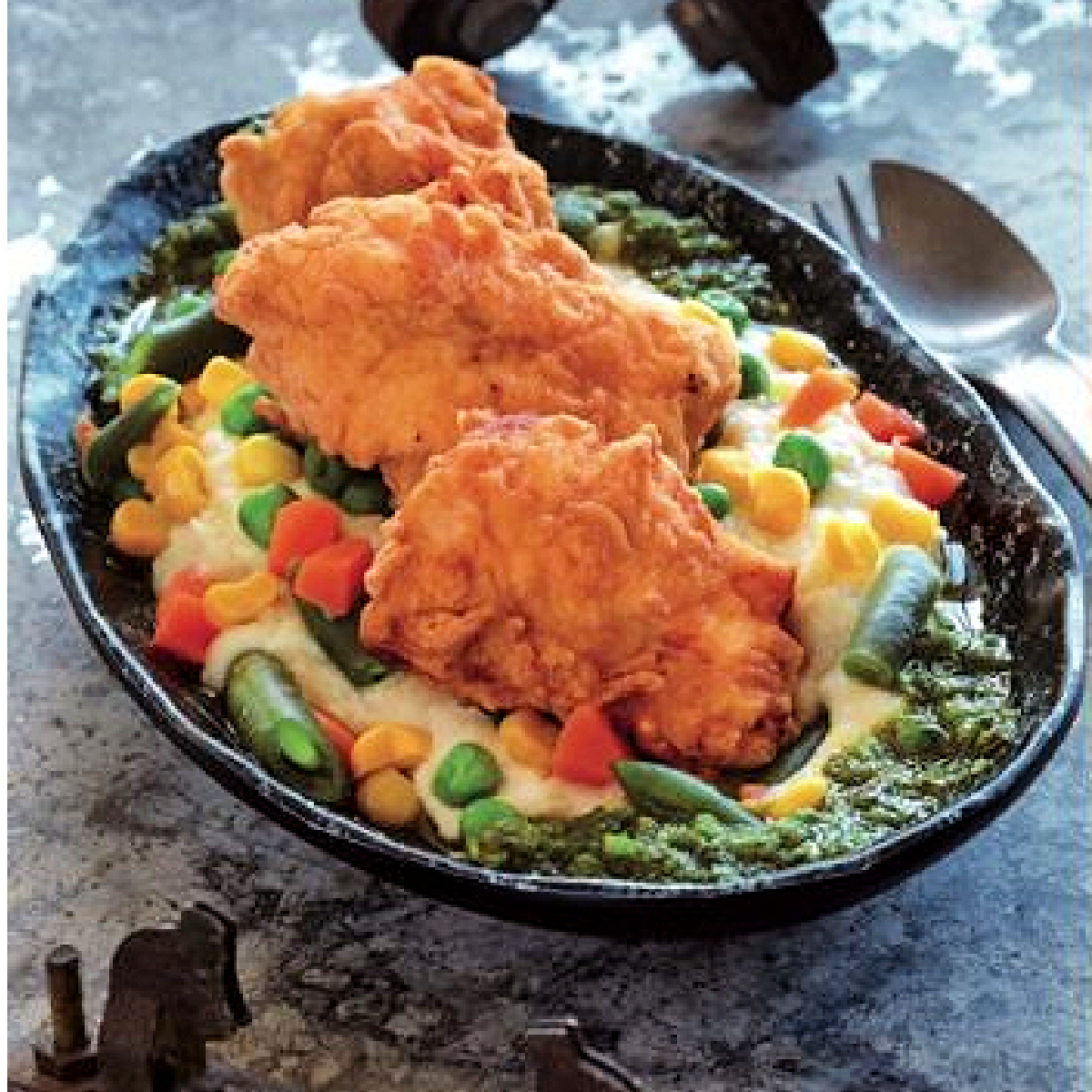 Mandalorian food- Fried endorian tip yip fried chicken on a bed of veggies and potatoes- Kids Activities Blog