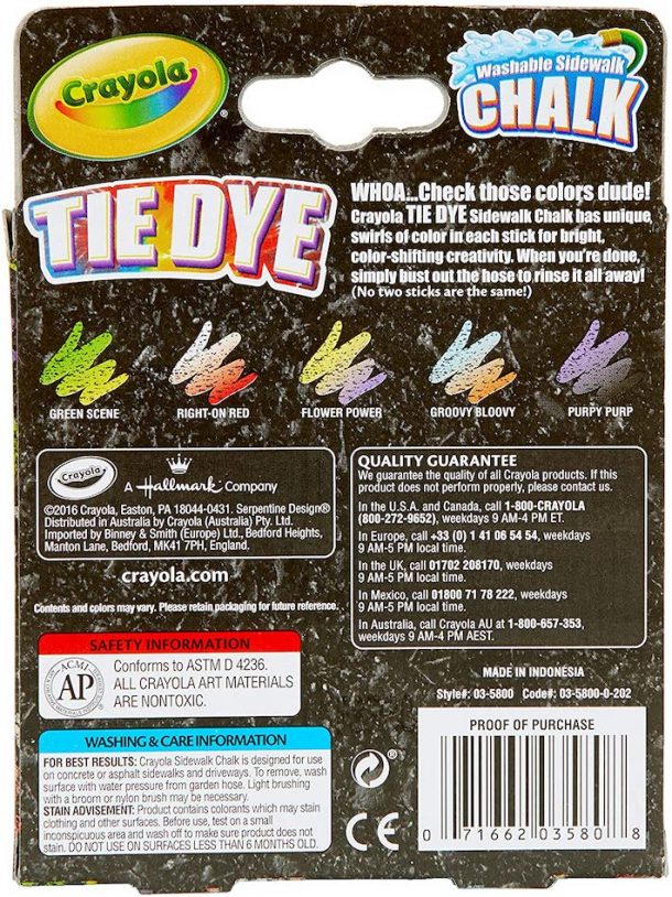 Crayola Tie Dye Sidewalk Chalk - 5 Anti-Roll Washable Chalk Sticks For Kids