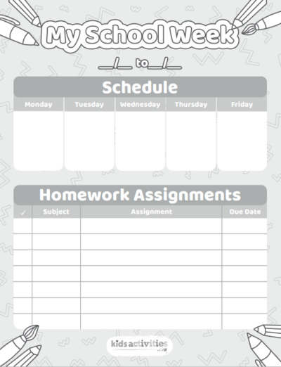 Free Printable Weekly Homework Calendar to Keep Kids Organized | Kids ...