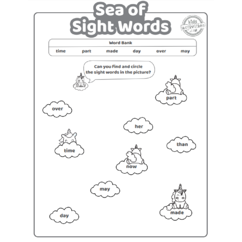 Free Sight Words Worksheets with a Cute Unicorn Theme | Kids Activities ...