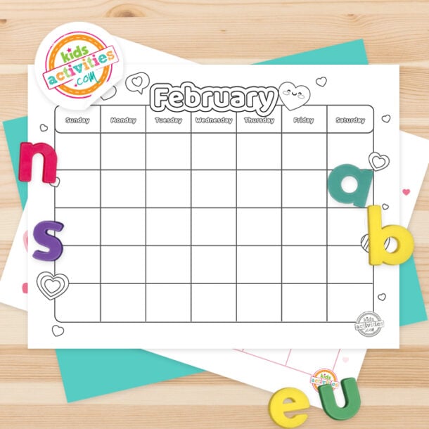 B&W and Full Color Free Printable February Calendar | Kids Activities Blog
