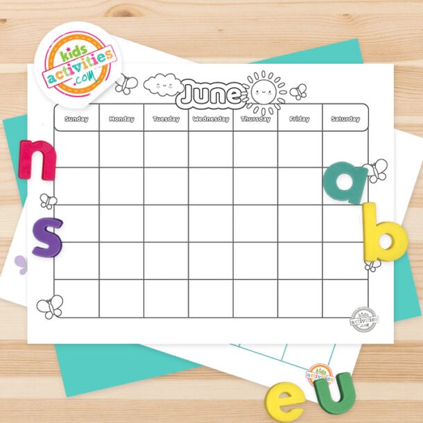 Free B&W and Full Color Free Printable June Calendar | Kids Activities Blog