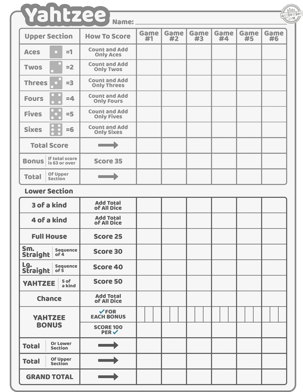 Free Printable Yahtzee Score Cards Kids Activities Blog