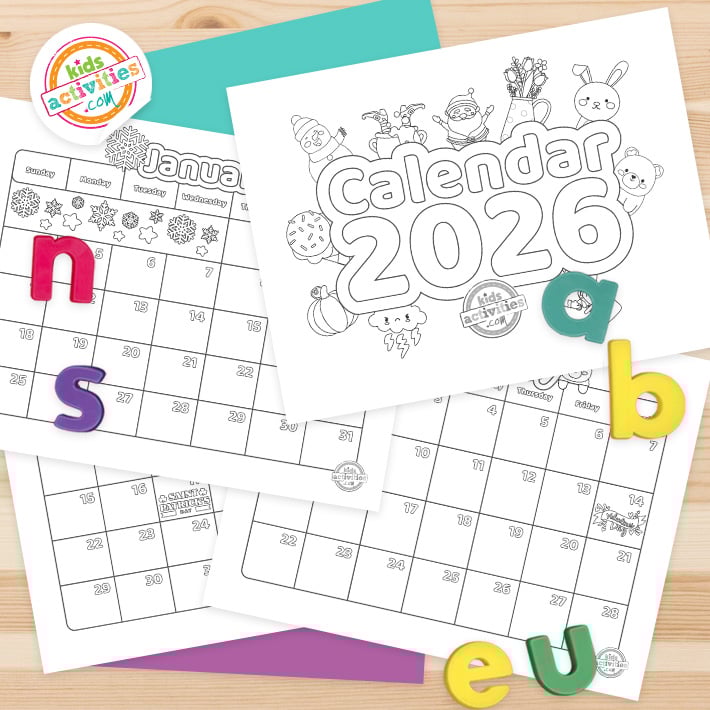 Black and white printable 2026 calendar coloring pages lying on top of a blue-green sheet with multicolored letters on a light brown background. printed pdf version from Kids activities blog.