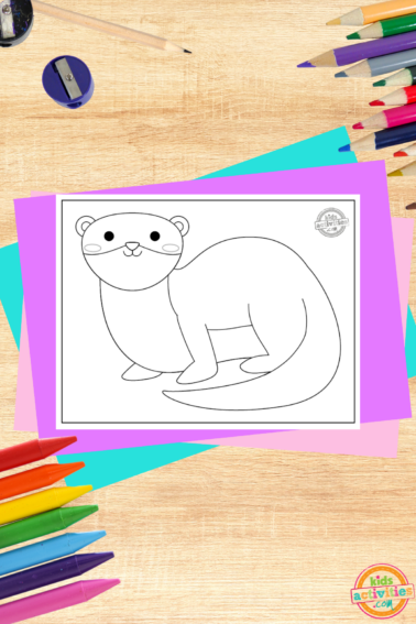 Giant Otter coloring page- black and white printed pdf file on wood background with coloring supplies and coloring accessories- kids activities blog