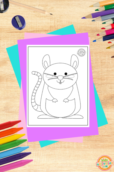 Rat coloring page- printed pdf file black and white on wooden background with coloring supplies and coloring accessories- kids activities blog