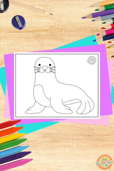 Seal coloring page printed pdf file on wood background with coloring supplies and colorful accessories- kids activities blog