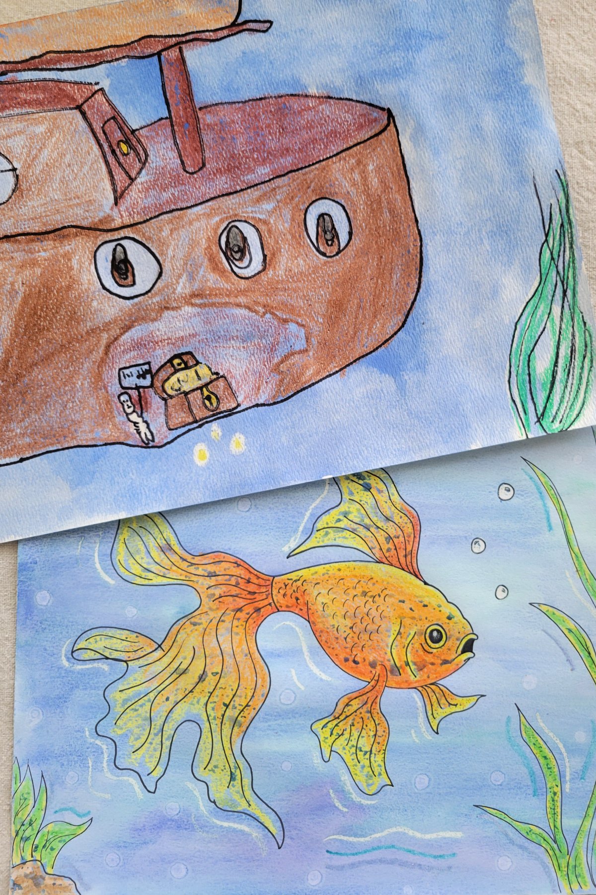finished underwater scene wax resist paintings of sunken ship and goldfish i kids activities blog
