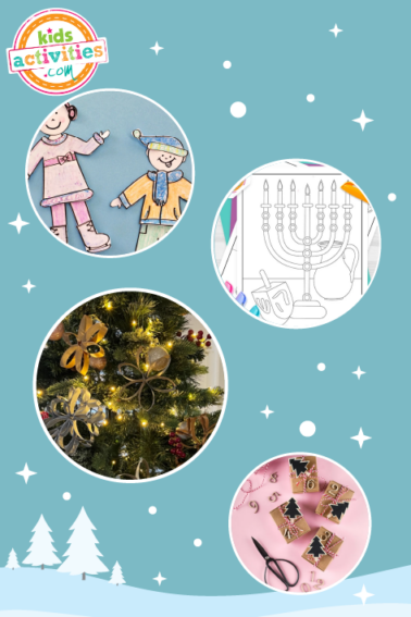 A collage of different december activities for kids, such as making dolls, coloring pages, and decorating christmas trees.