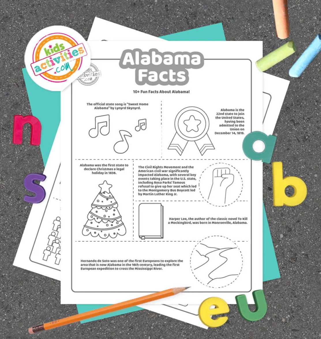 Stack of printed Alabama facts printables on top of green and purple pages, with markers next to them, on top of a gray background.