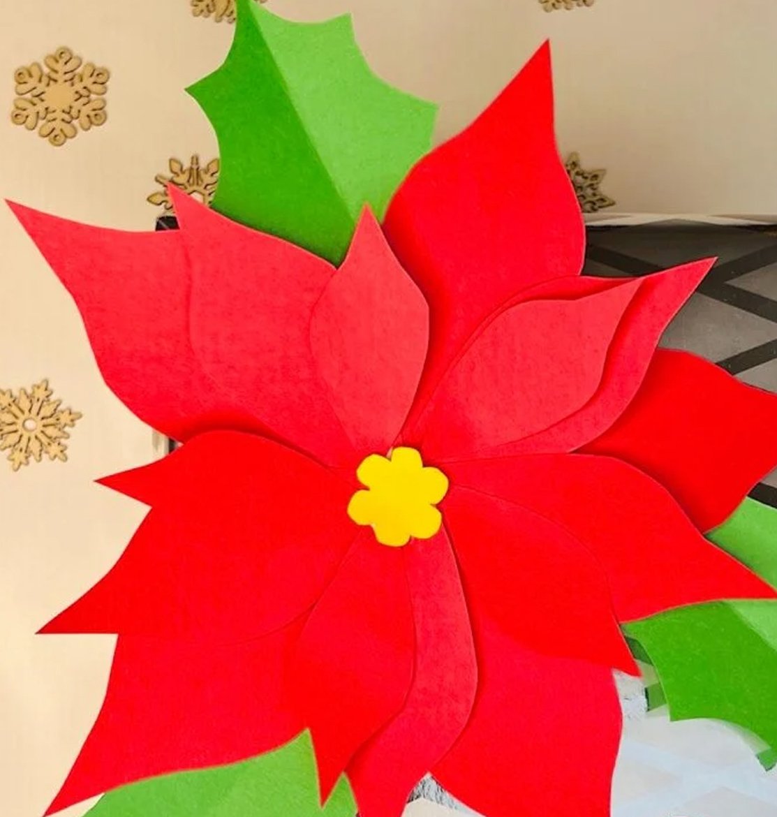 A poinsettia craft made with red and green construction paper.
