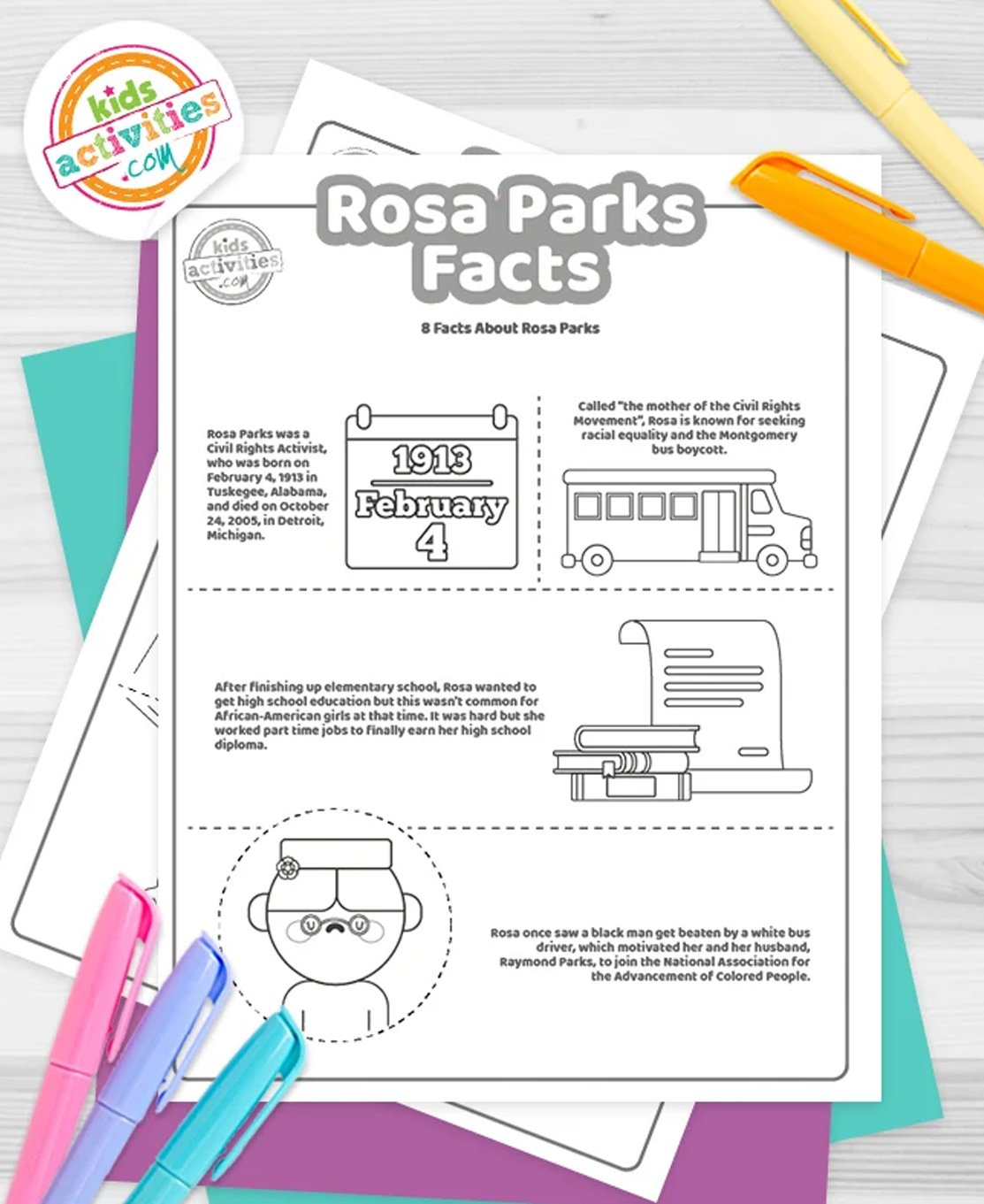 Stack of printed Rosa Parks facts on top of green and purple pages, with markers next to them, on top of a gray background.