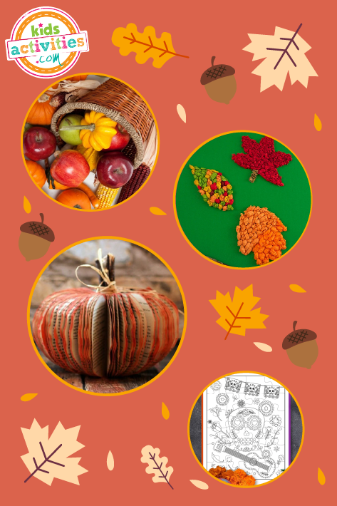 Collage of different november activities for kids and families, including pumpkin crafts, cornucopias, and fall coloring pages.