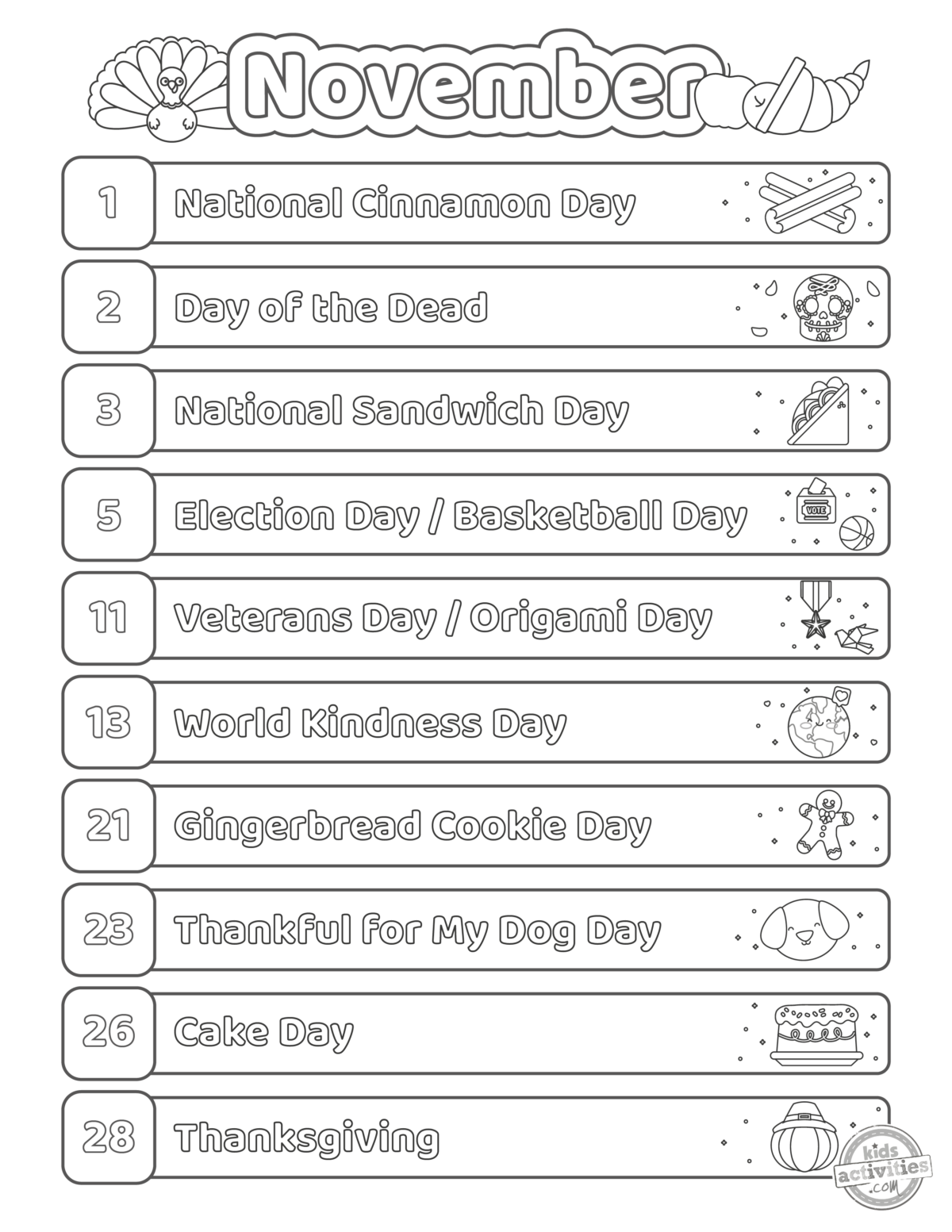 Black and white printed november calendar with holidays for kids and families.