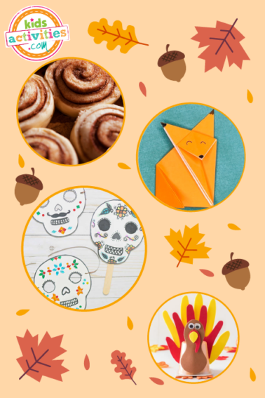 Collage of different november activities depending on the holidays of the month, such as origami day, day of the dead, cinnamon day and thanksgiving.
