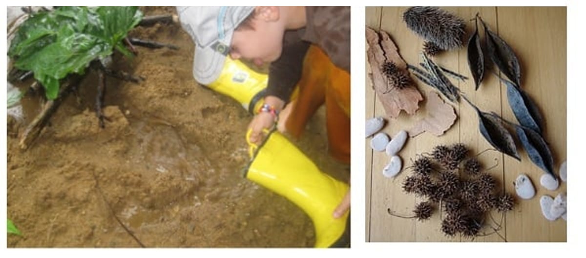 A collage of different outdoor fall activities for kids.