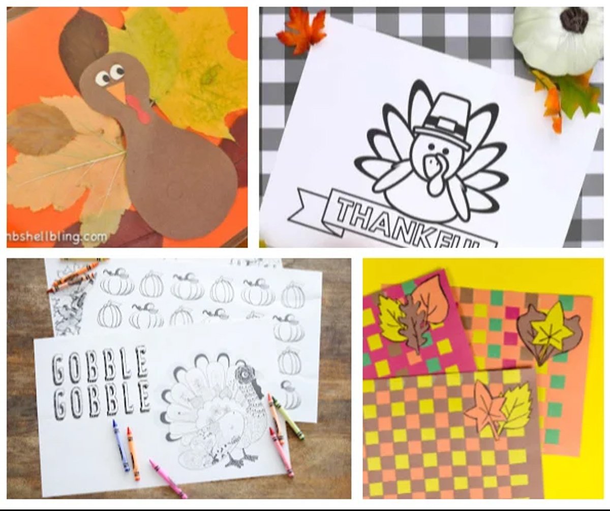 A collage of different Thanksgiving placemats made by children or for children.