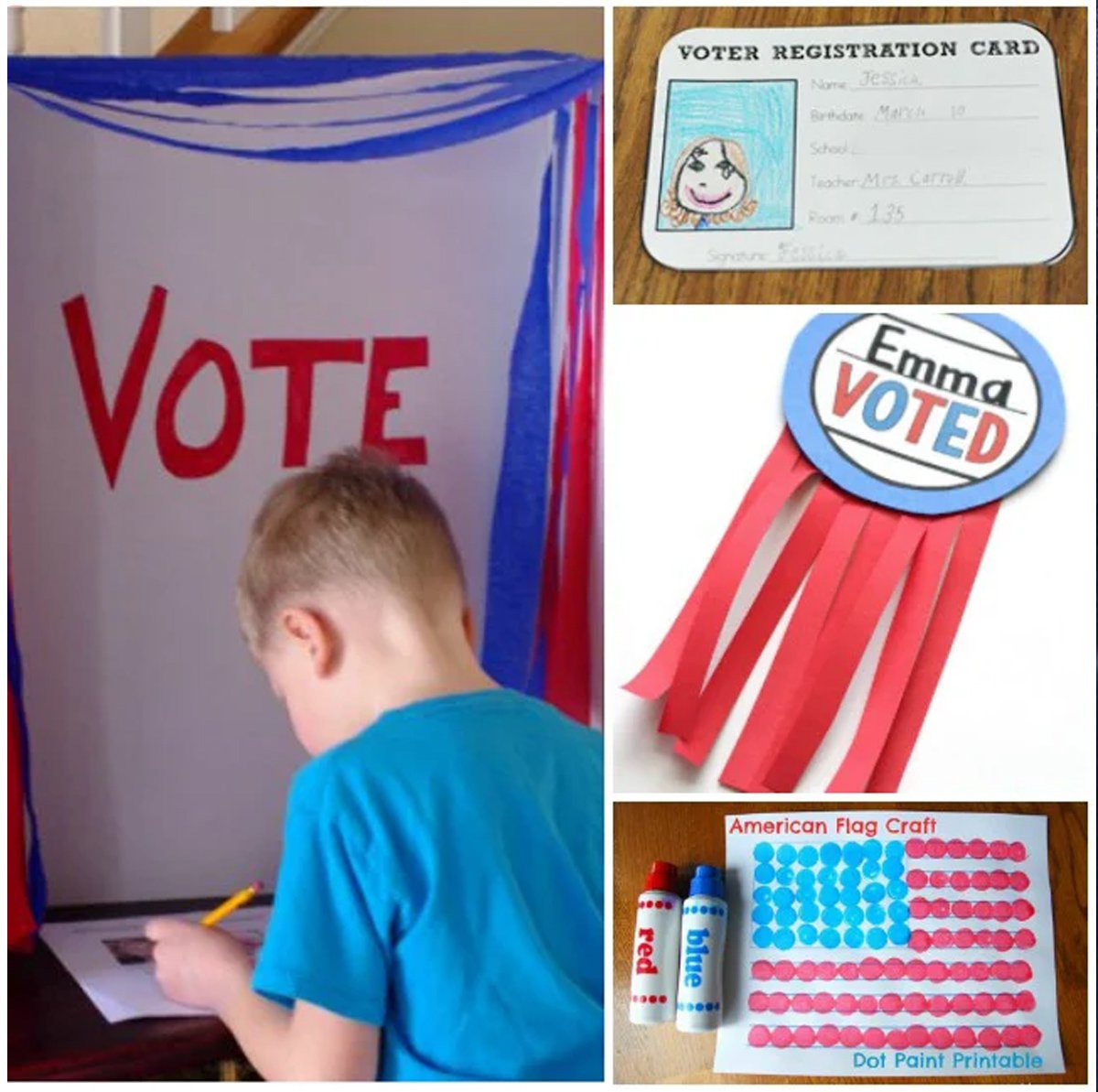 Collage of election crafts and activities for kids.