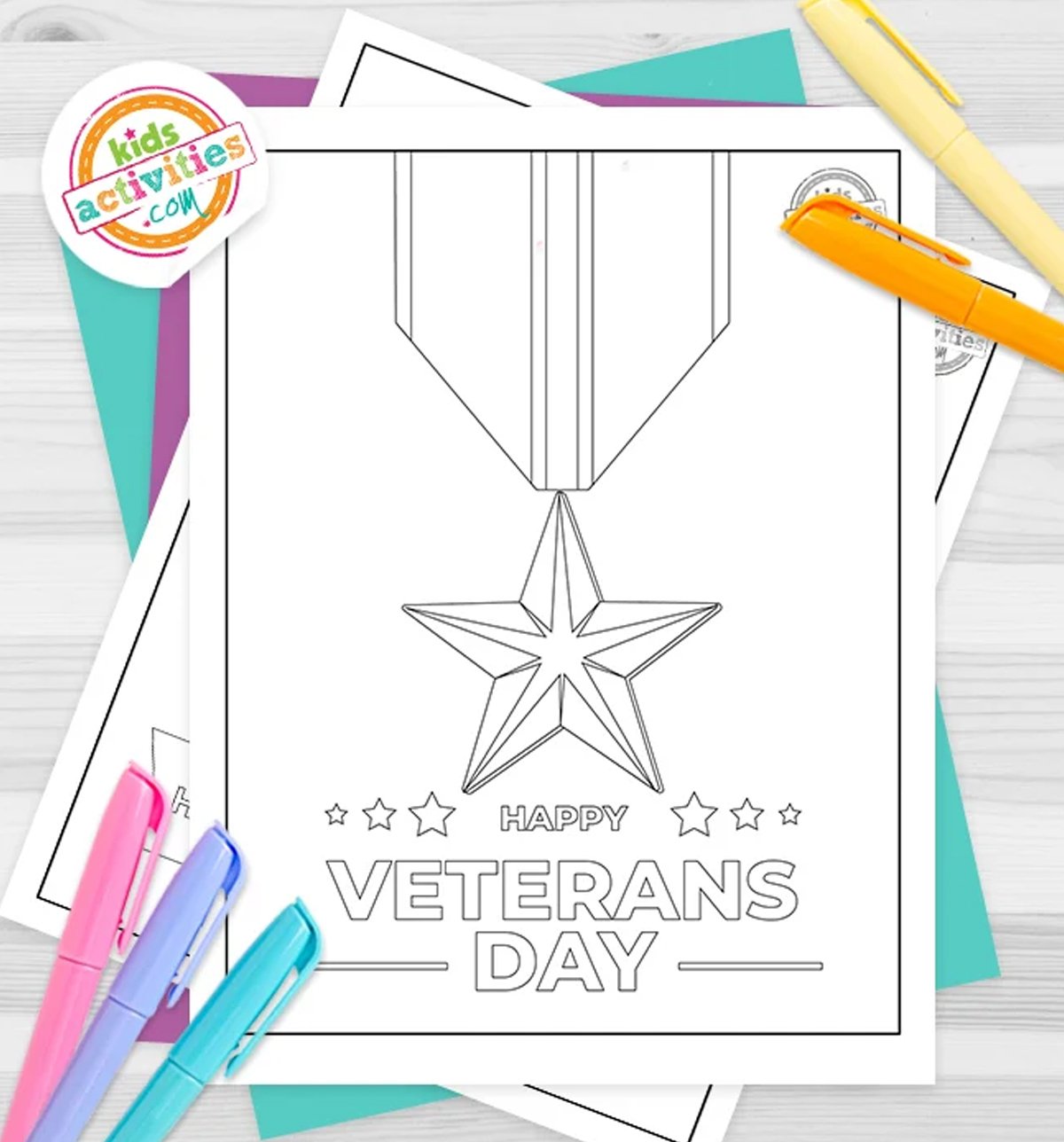 Compilation of Veteran's Day coloring pages with coloring supplies.