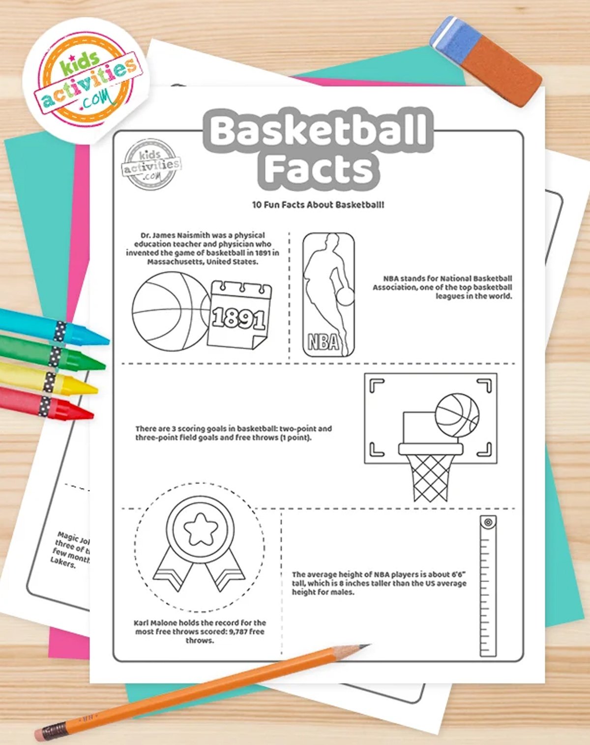 Printed basketball facts for kids with coloring supplies next to them.