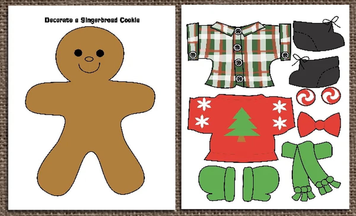 A gingerbread man printable with clothes to put on him.