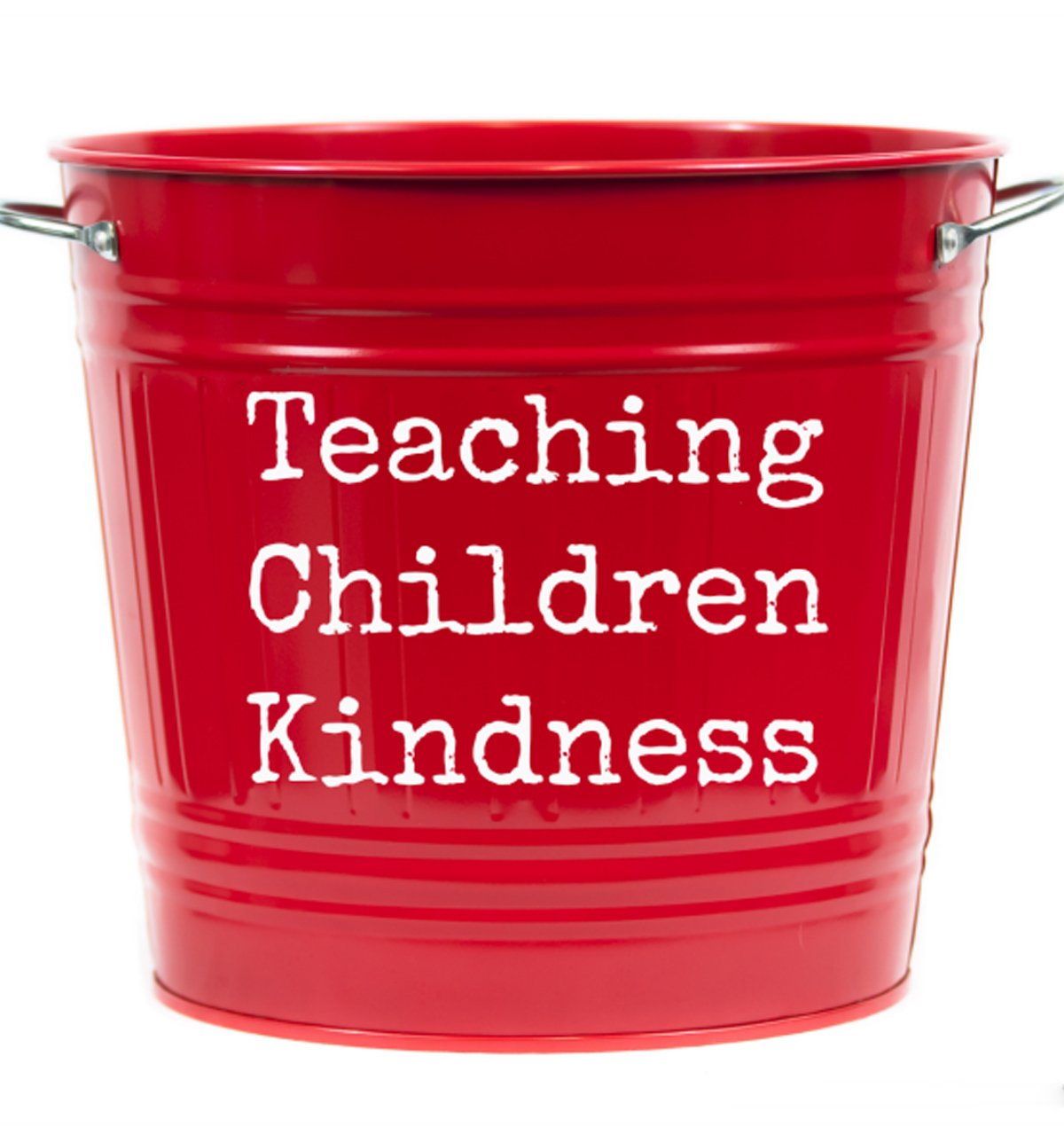 Red bucket with text on it that reads Teaching Children Kindness.