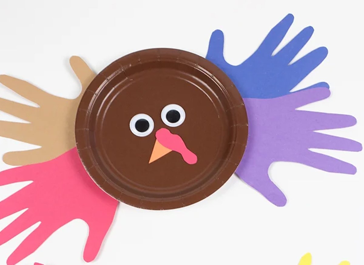 A footprint turkey craft made with a plastic plate and colored paper.