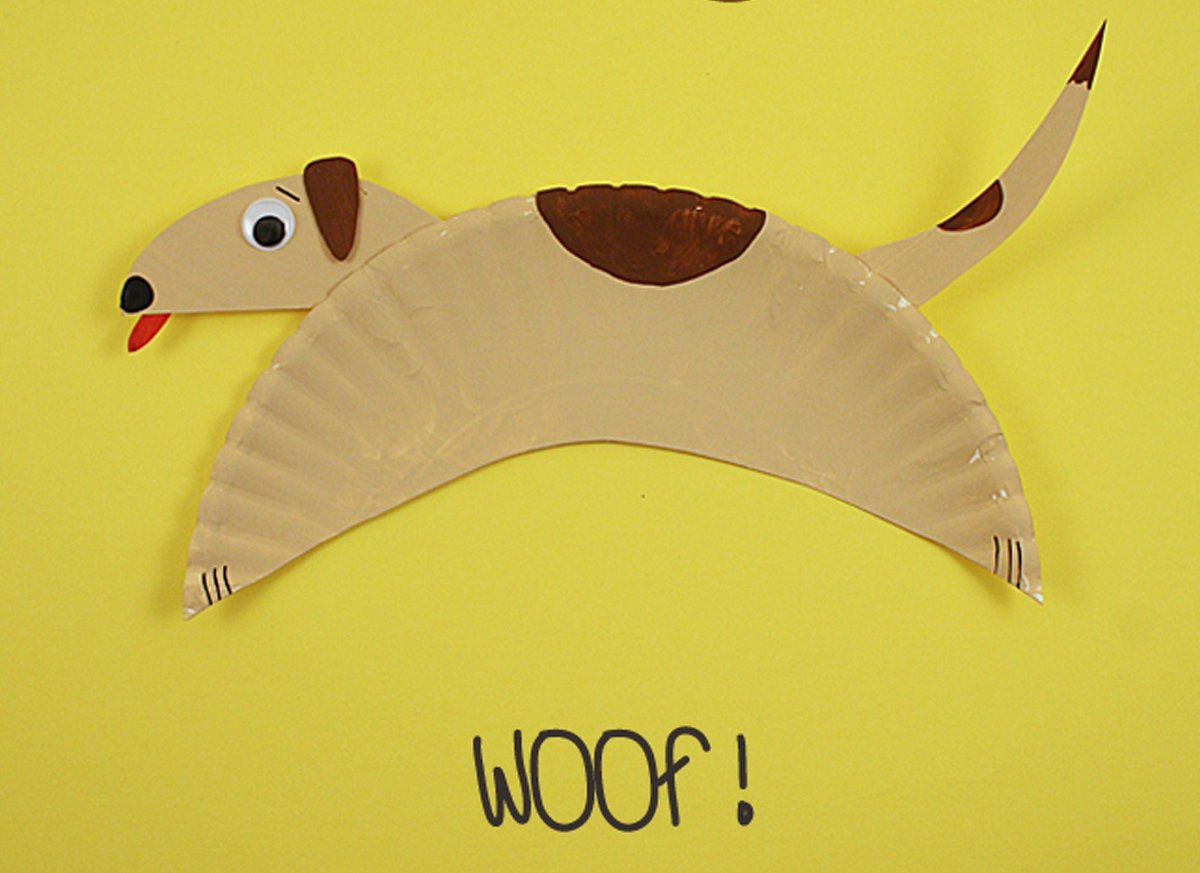A paper plate dog craft on top of a yellow background.