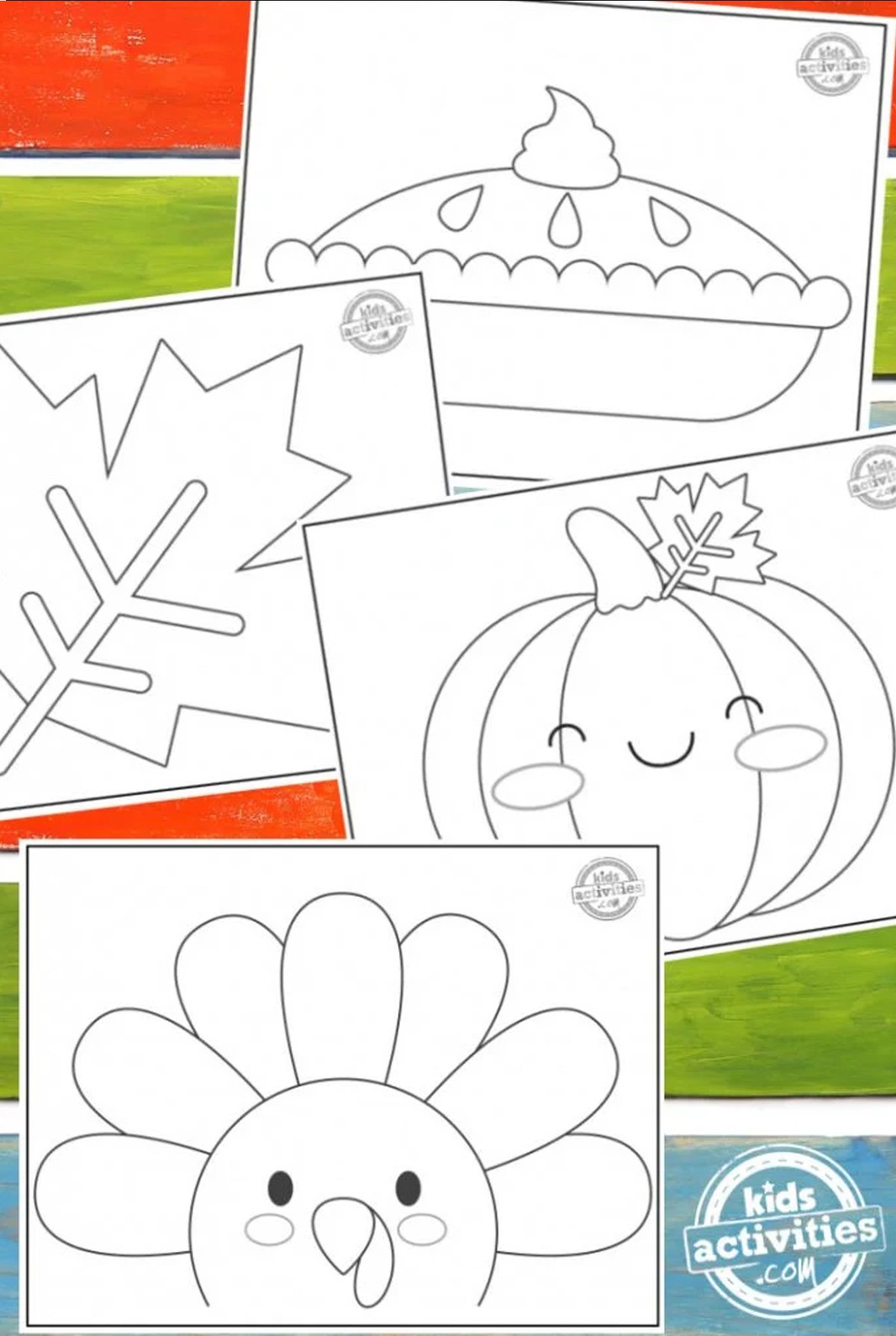 A compilation of thanksgiving coloring sheets on top of a green background.
