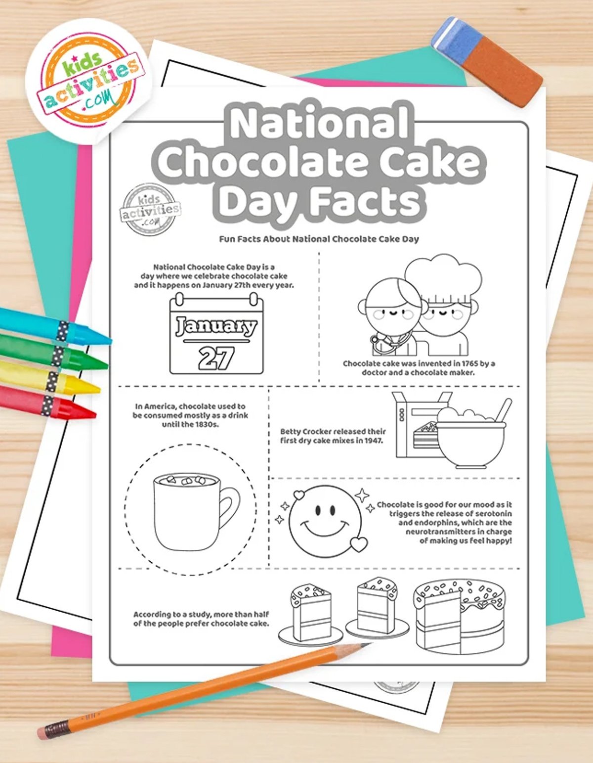 Compliation of National Chocolate Cake Day facts coloring pages on top of a brown background with coloring supplies.