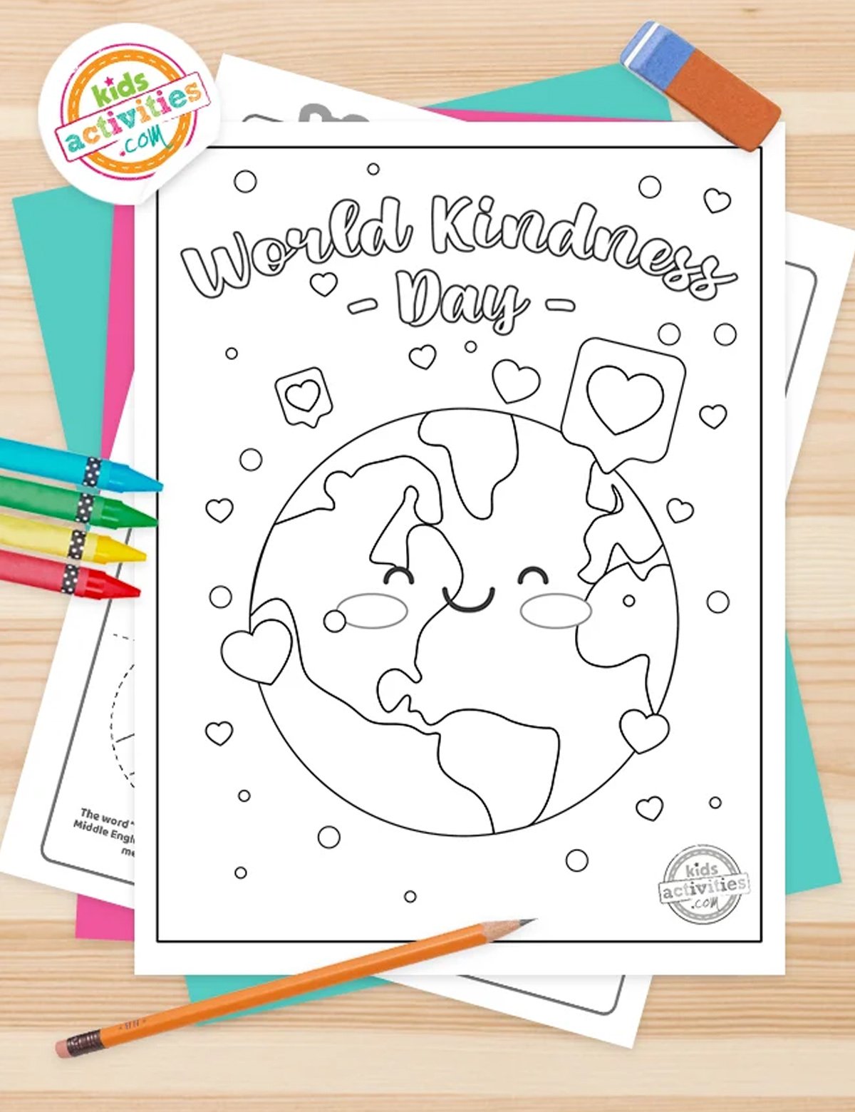 Compliation of World Kindness Day cooloring pages on top of a brown background with coloring supplies.