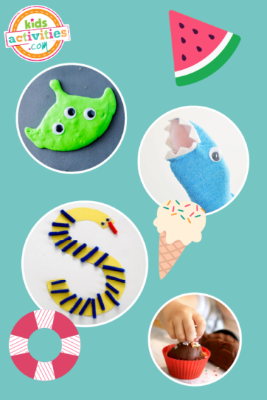 Image shows a collage of July holidays activities for kids, like shark puppets, slime activities, animal shaped crafts, etc, over a green background.