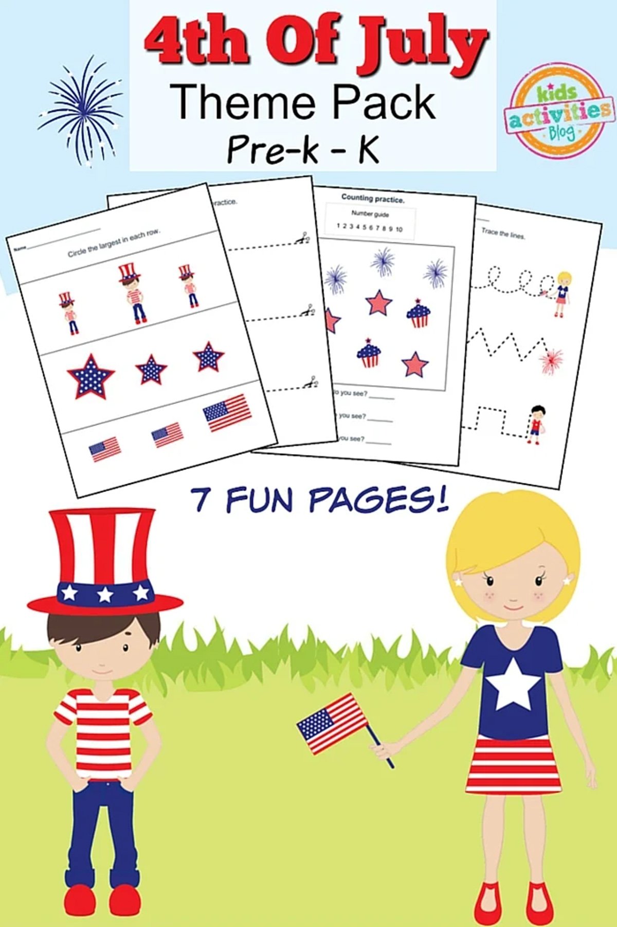 Printed 4th of july worksheet pack with themed drawings.