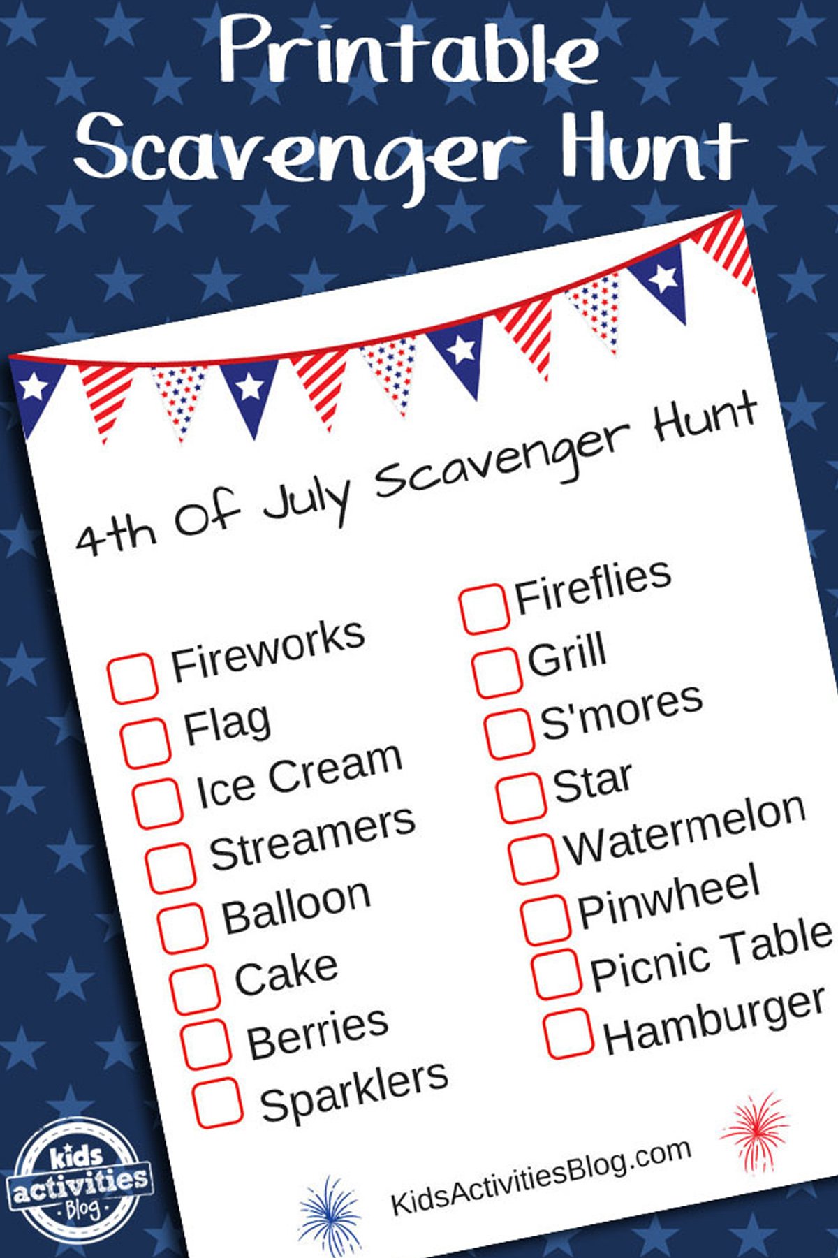 A printed 4th of July scavenger hunt printable, unsolved, with related decoration.