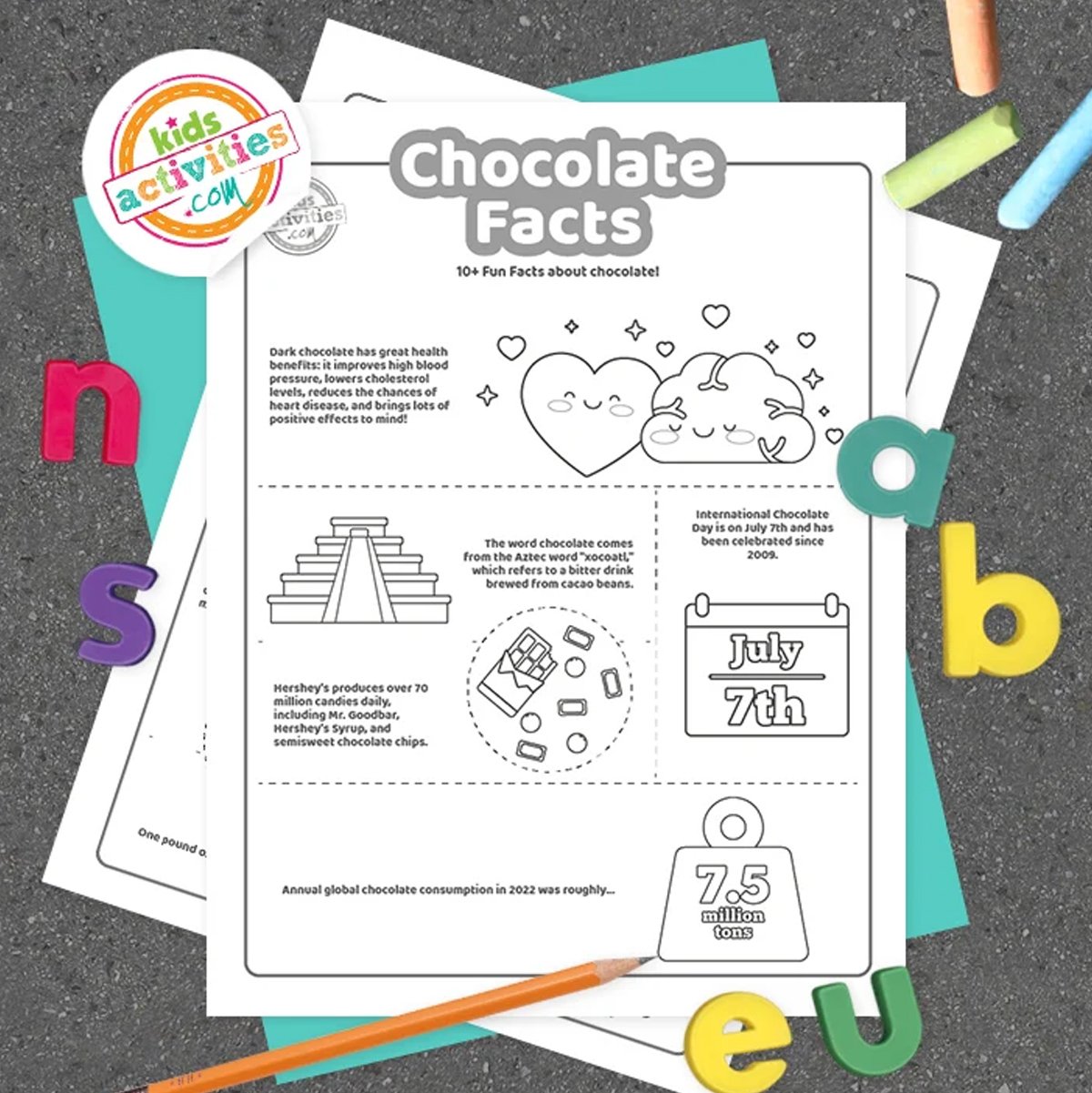 Black and white chocolate facts coloring pages lying on top of blue-green and purple sheets with assorted crayons on a gray background.