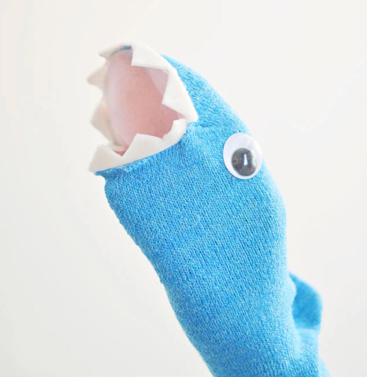 A shark sock puppet that requires no sewing.