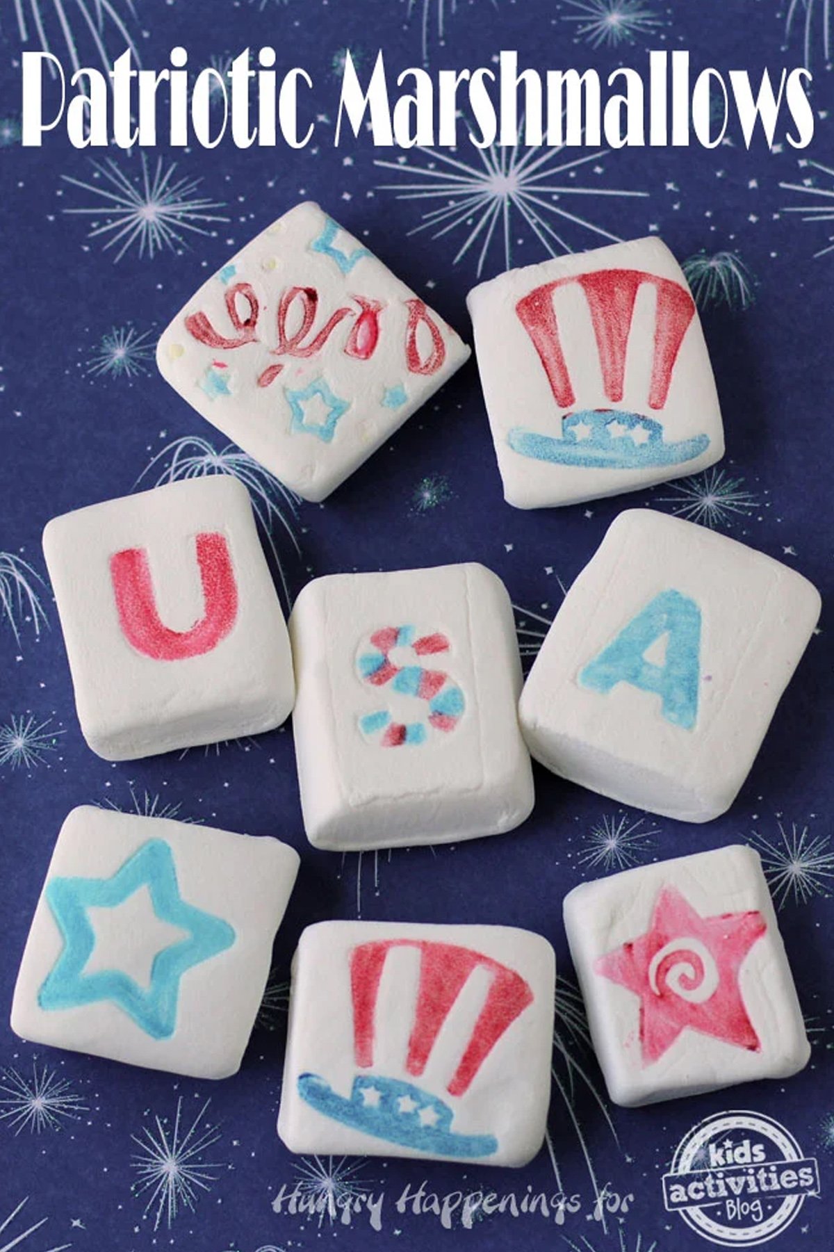 Marshmallows decorated with a 4th of july theme.