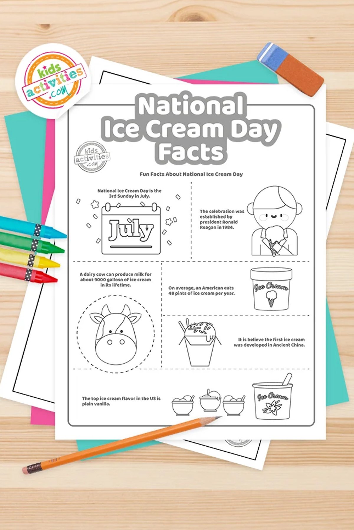 Black and white national ice cream day facts printables lying on top of blue-green and purple sheets with assorted magnetic letters on a brown background.